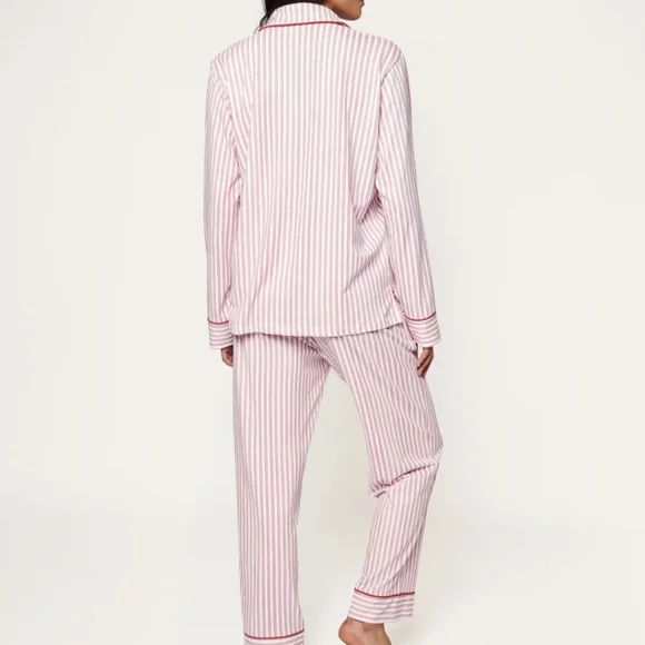 Petite Plume Pima Pajama Set In Antique Red Size Large Striped Embroidered EUC - Picture 3 of 16